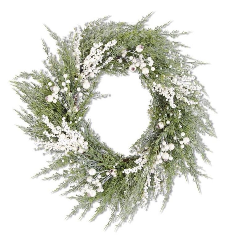 A cypress pine wreath with pearls.